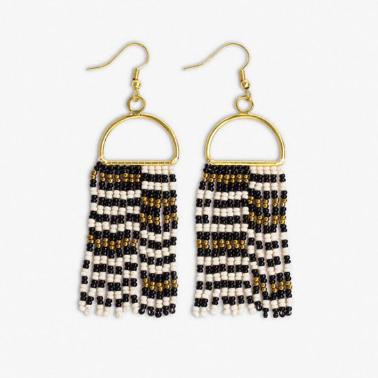 Allison Horizontal Striped Grid Beaded Earrings Black/Ivory