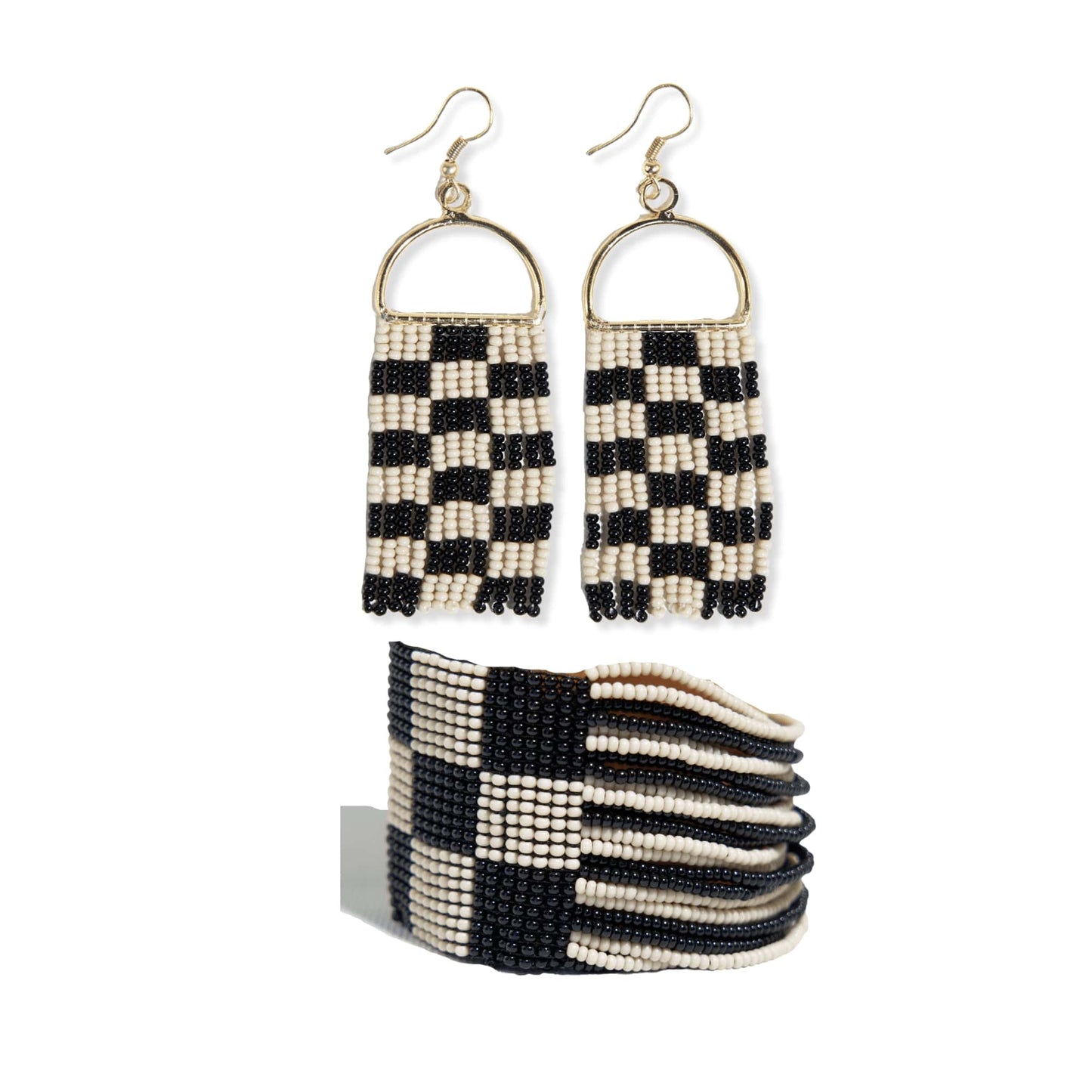 Allison + Olive checkered beaded earrings and bracelet set Black/White