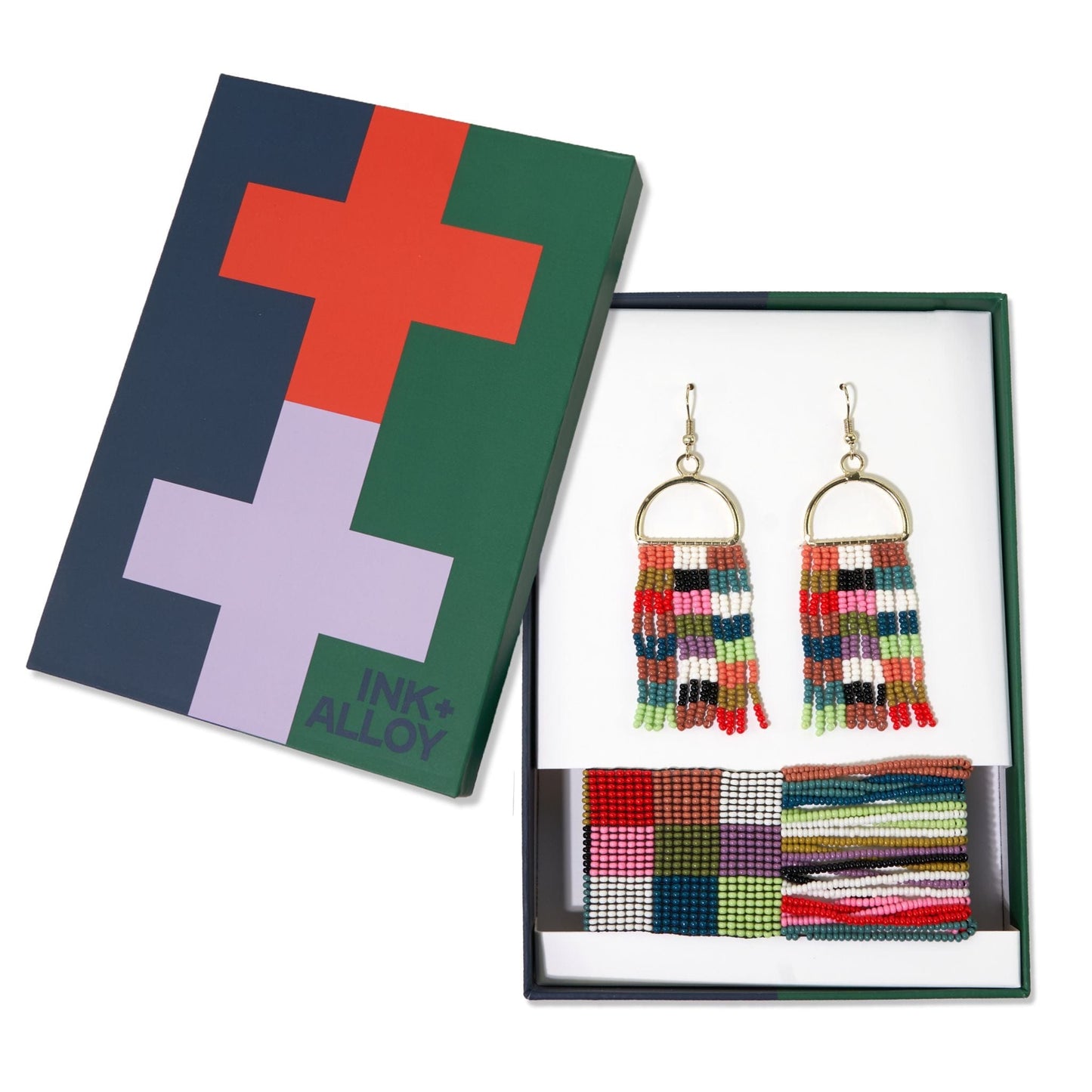 Allison + Olive checkered beaded earrings and bracelet set Multi-color