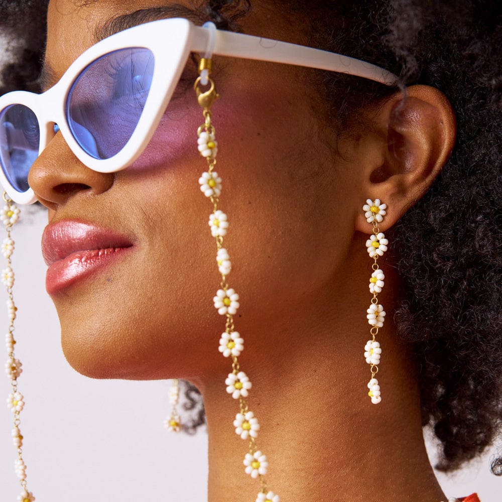 Amanda Flower Beaded Dangle Earrings White + Yellow Drop