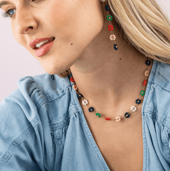 Amanda Multi Color Flowers Beaded Necklace Rainbow