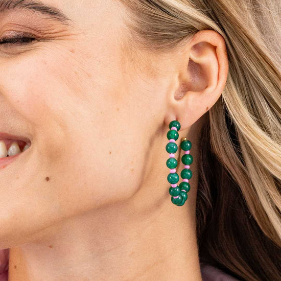 Angela Round Stones With Alternating Seed Bead Hoop Earrings Emerald