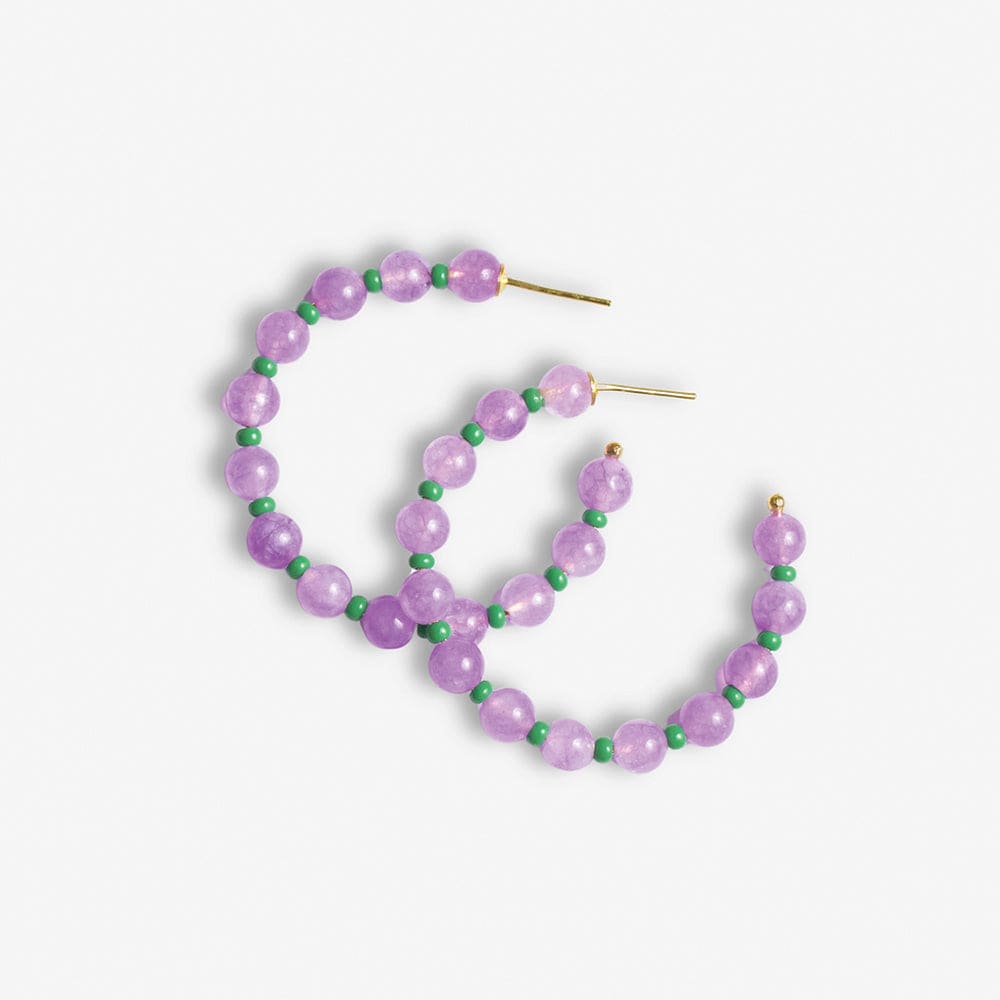 Angela Round Stones With Alternating Seed Bead Hoop Earrings Lilac