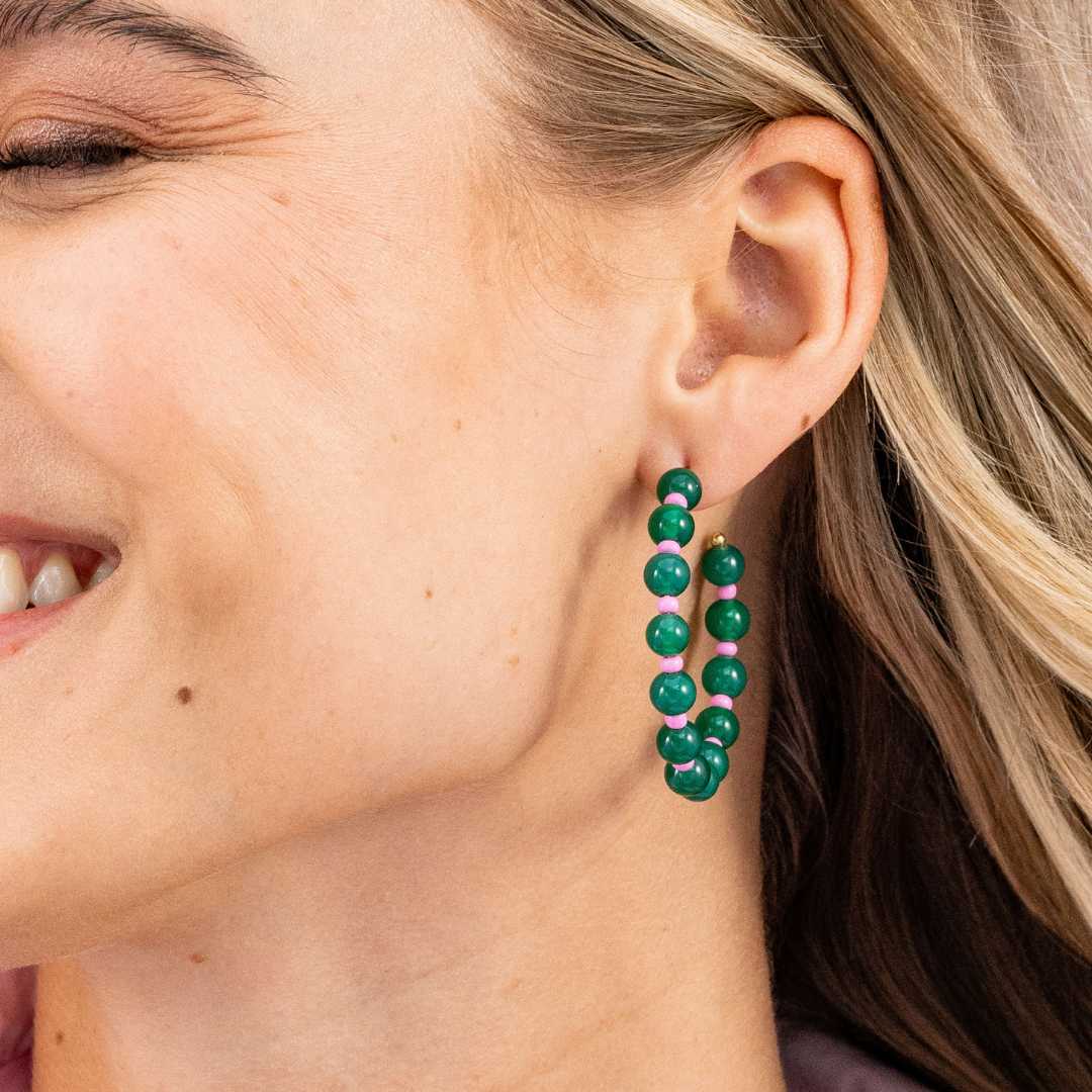 Angela Round Stones With Alternating Seed Bead Hoop Earrings Turquoise