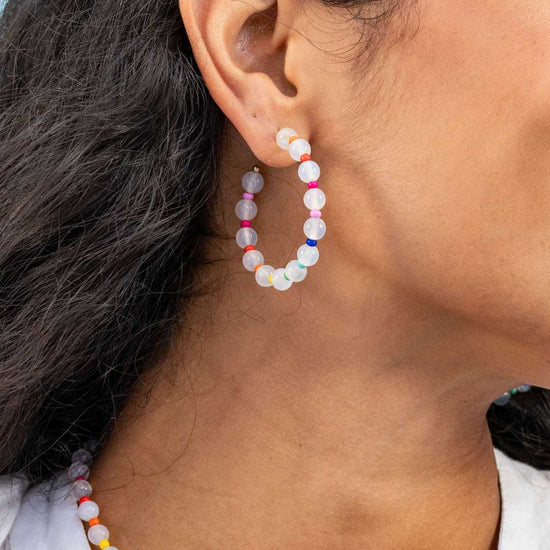 Angela Round Stones With Alternating Seed Bead Hoop Earrings White
