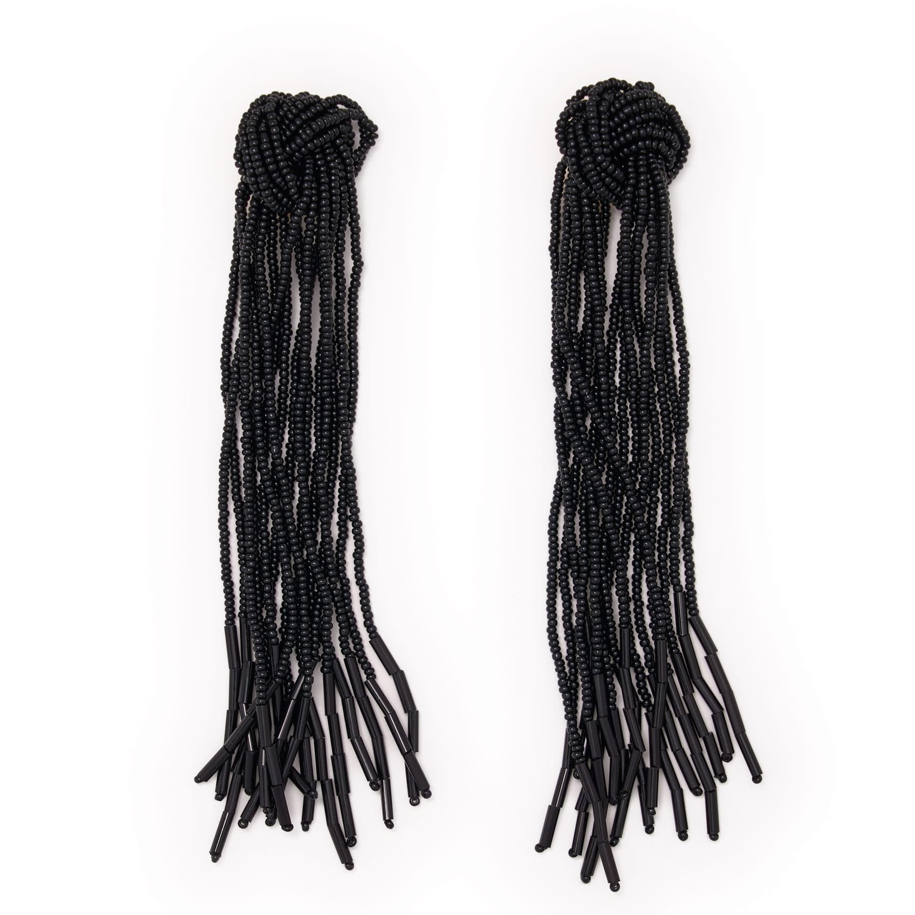 Angelica Tied Knot Beaded Fringe Earrings Black Statement