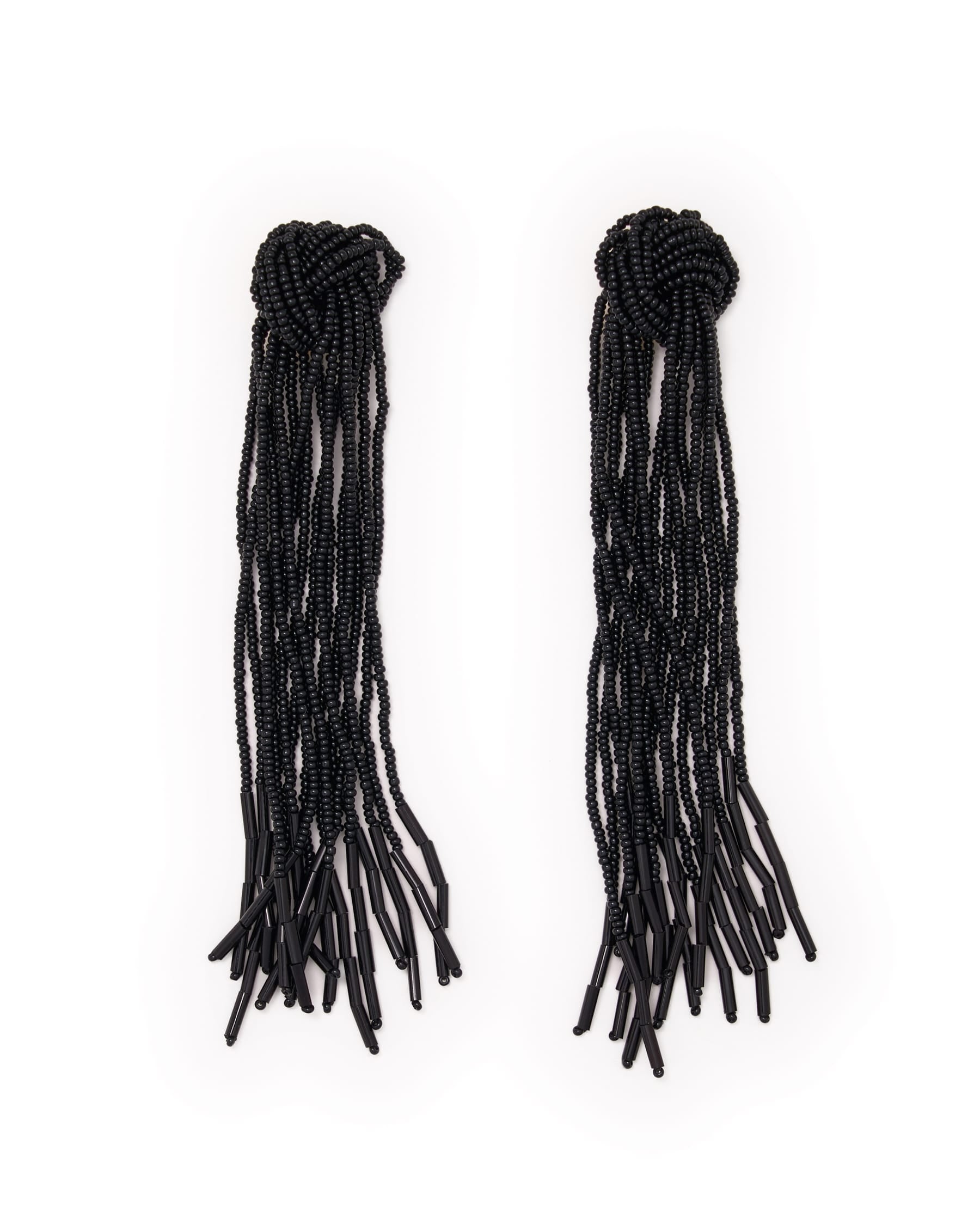 Angelica Tied Knot Beaded Fringe Earrings Black Statement