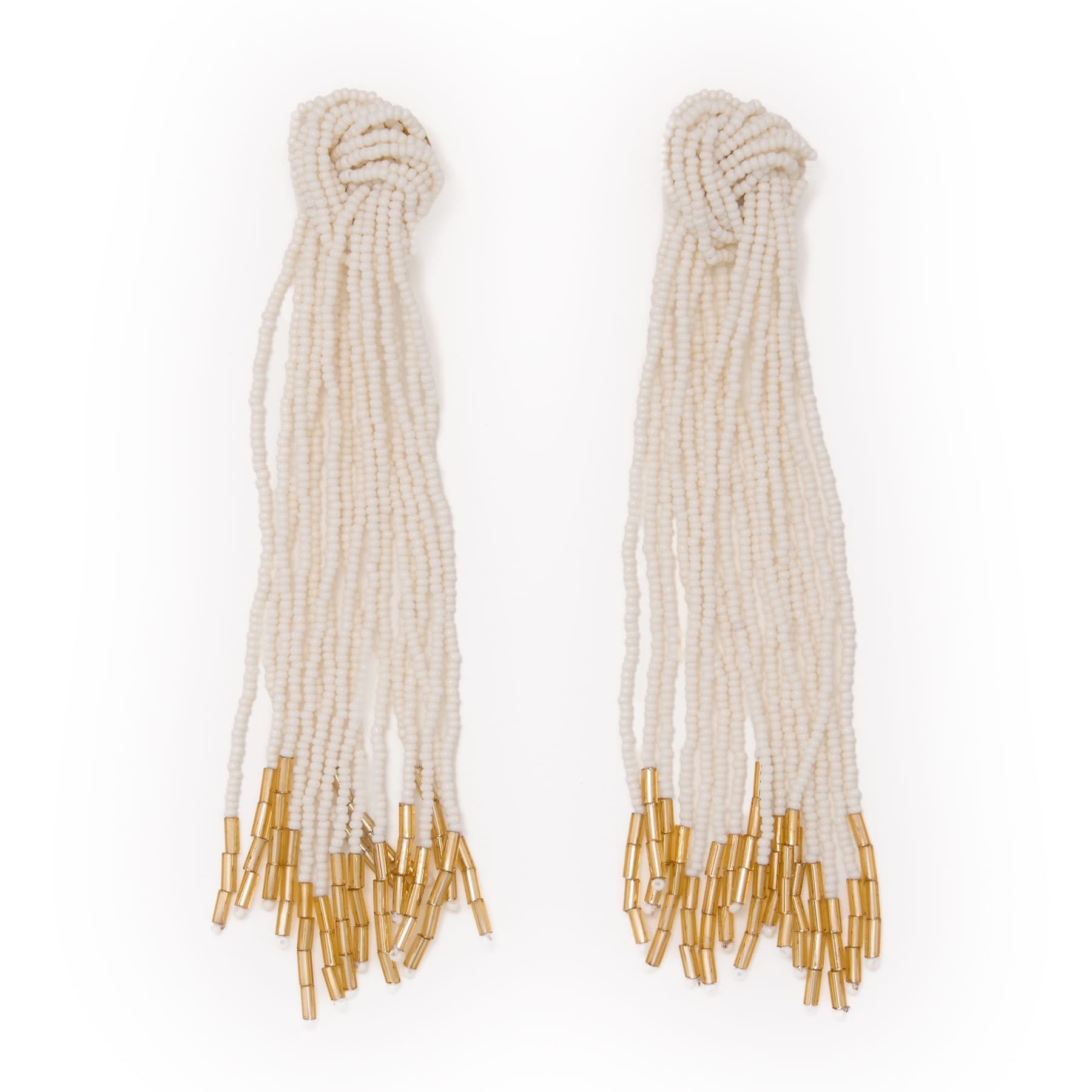 Angelica Tied Knot Beaded Fringe Earrings Ivory Statement