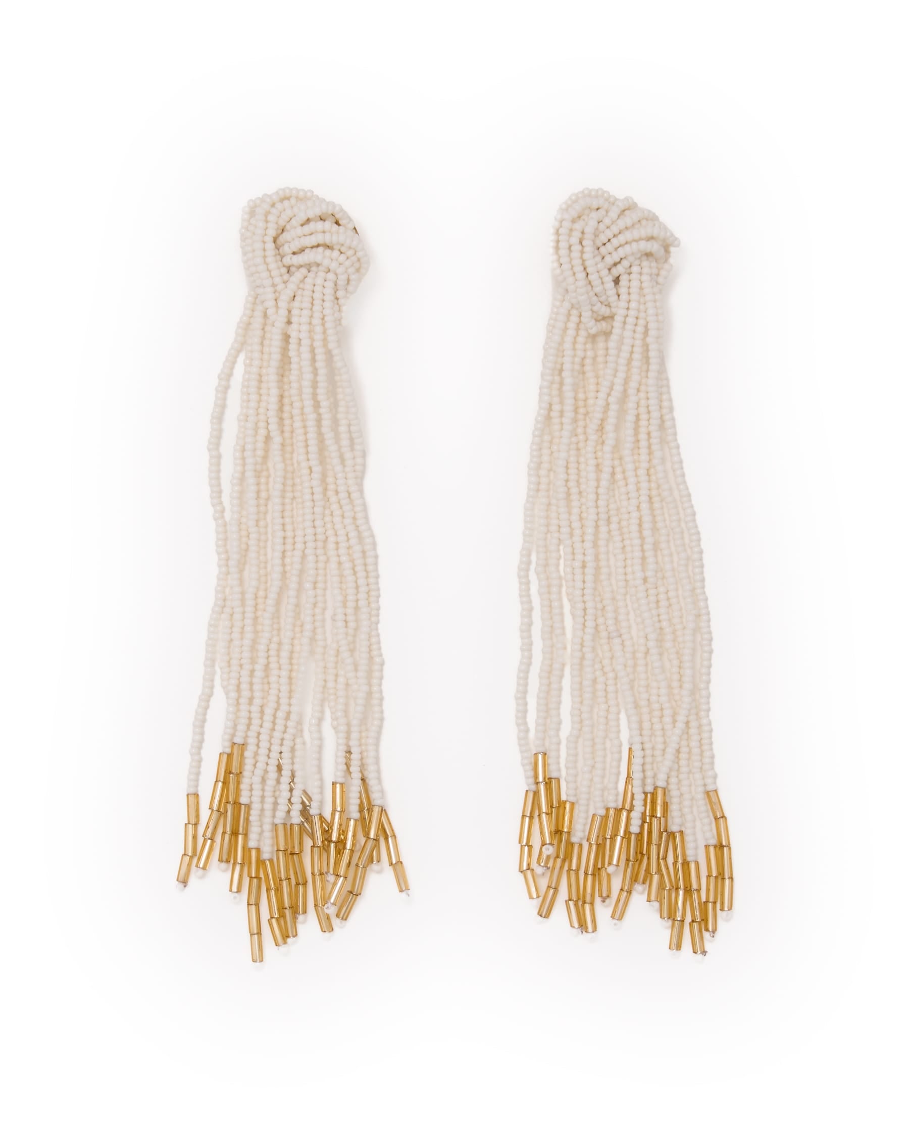 Angelica Tied Knot Beaded Fringe Earrings Ivory Statement