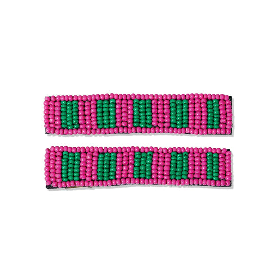 Anna Two-Tone Striped Beaded 2 Pack Hair Clips Hot Pink