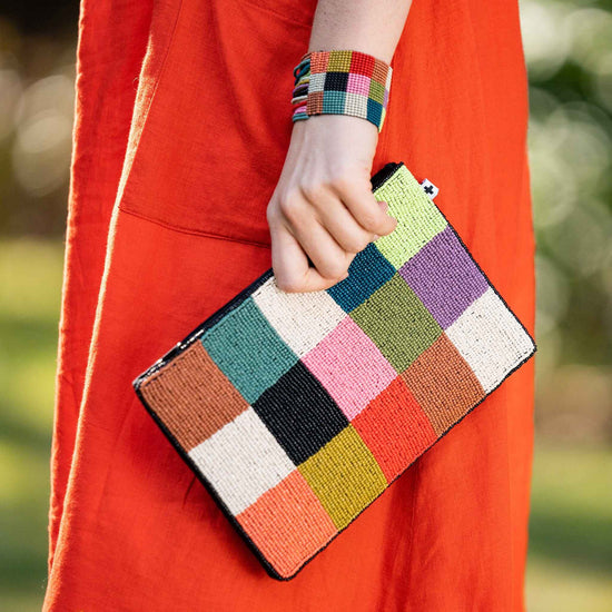 Load image into Gallery viewer, Annabella Checkered Beaded Clutch Multicolor Bag
