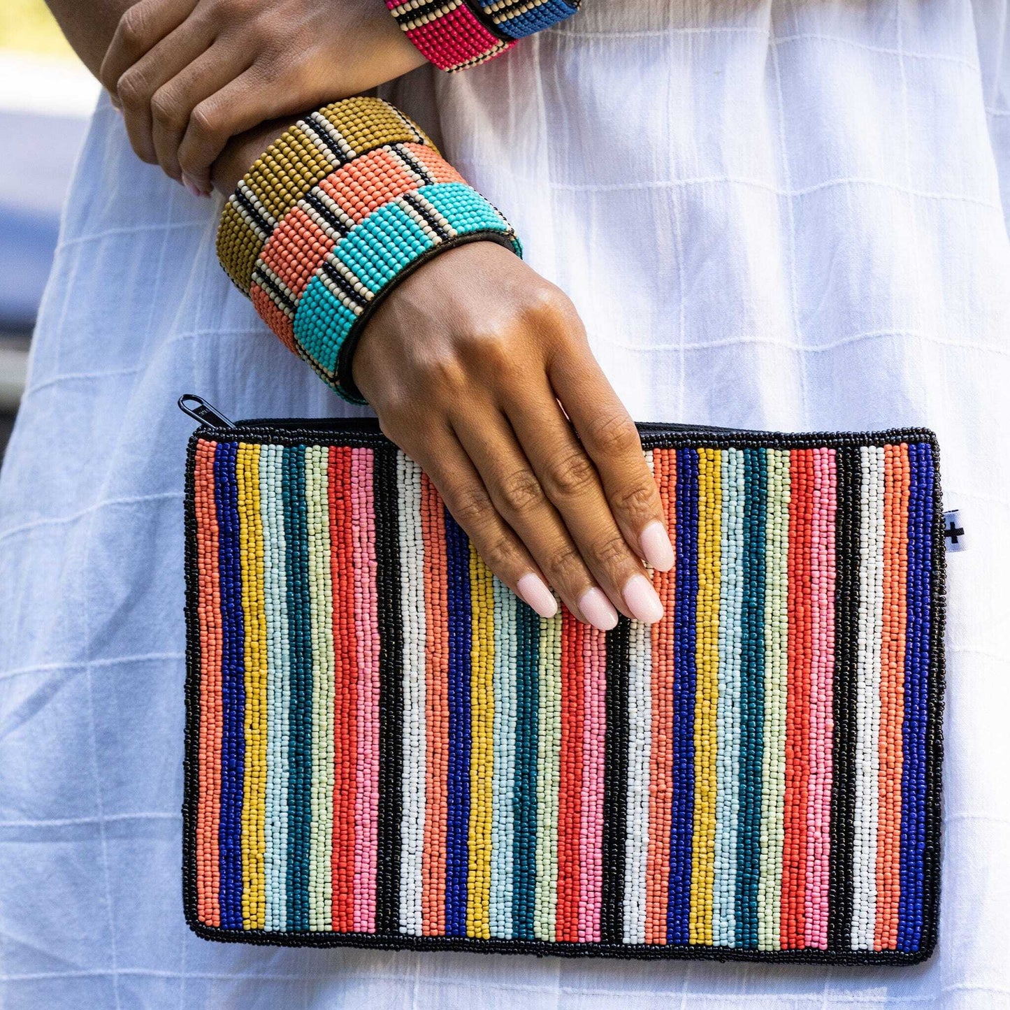 Annabella Vertical Stripes Beaded Clutch Multicolor Bag