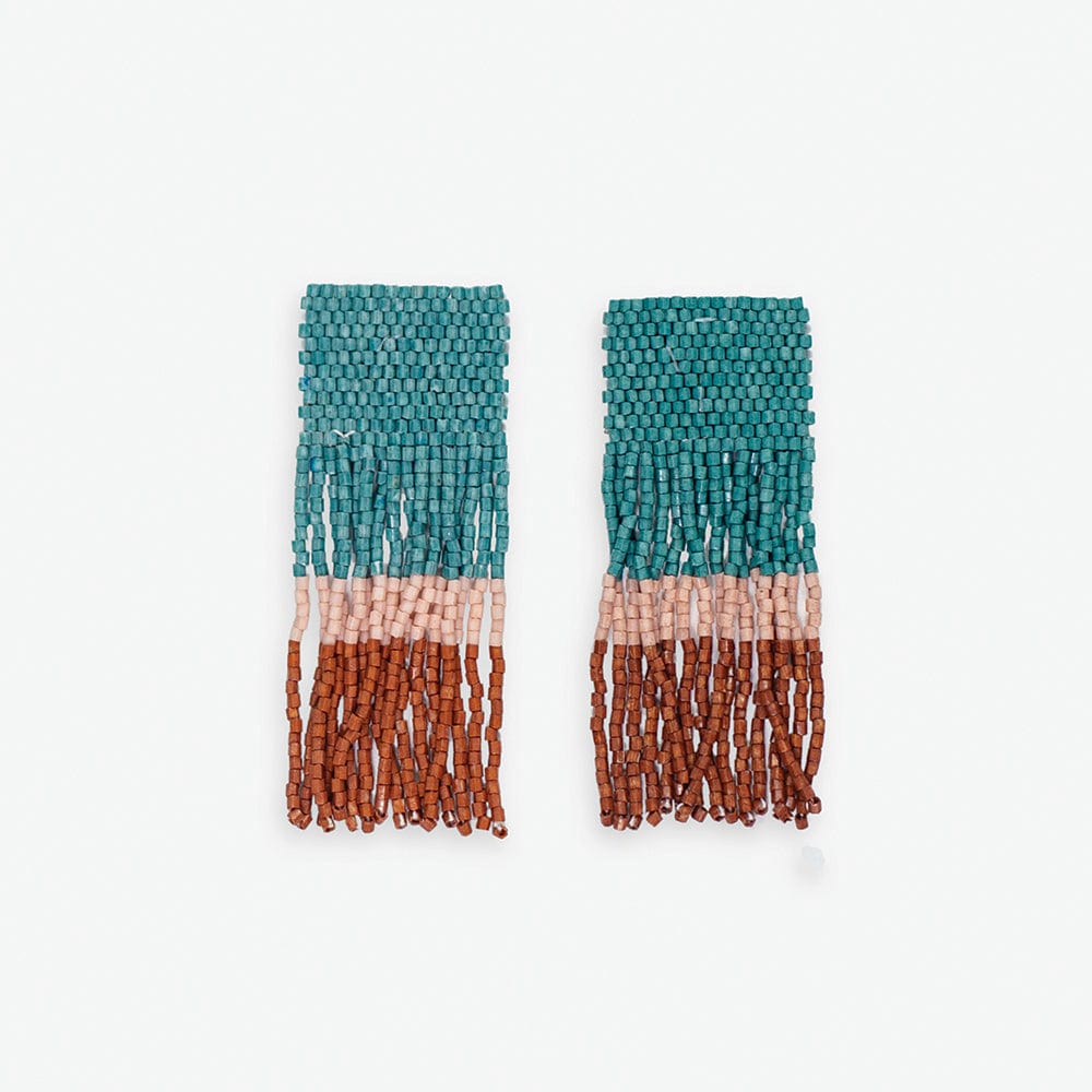 Ava Color Block Beaded Fringe Earrings Teal Earrings