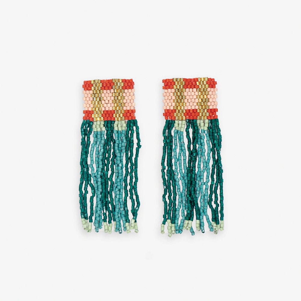 Ava Crossing Colorblock Beaded Fringe Earrings Teal + Poppy SHORT FRINGE