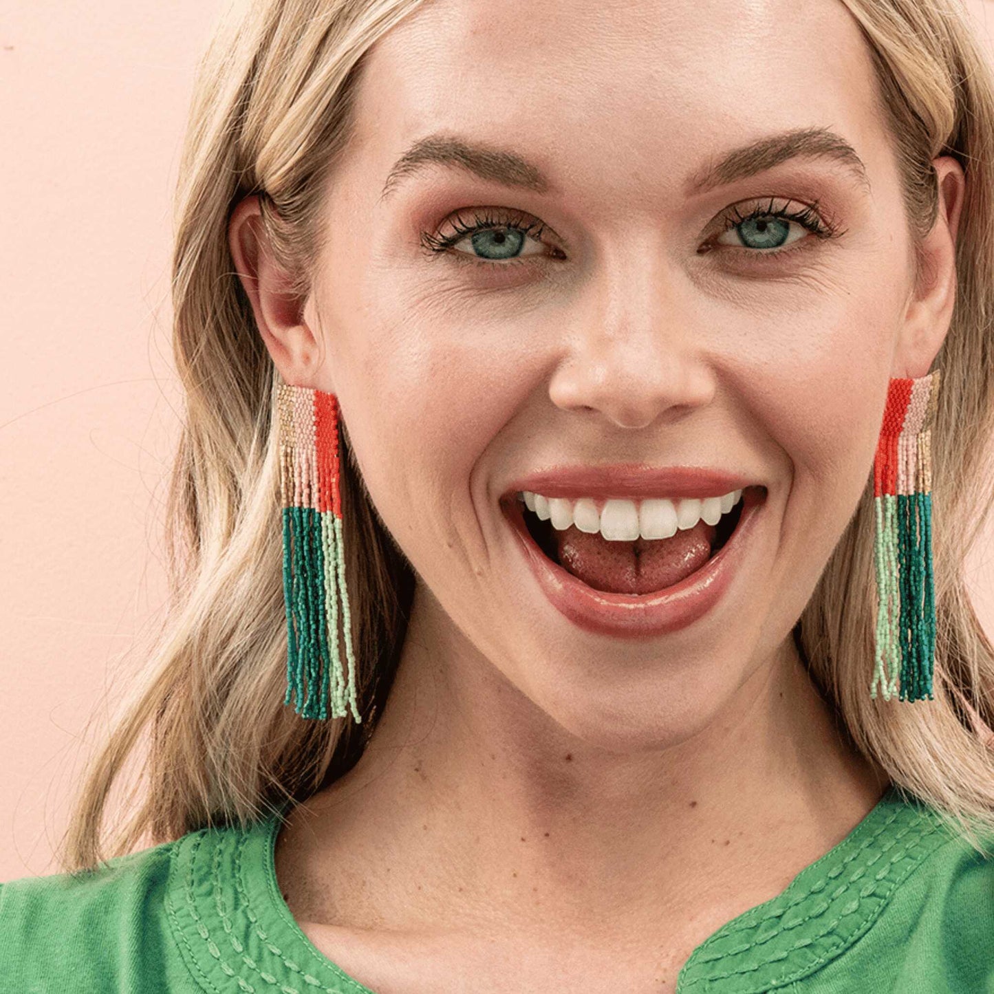 Belle Woven Top Vertical Colorblock Beaded Fringe Earrings Teal + Poppy SHORT FRINGE
