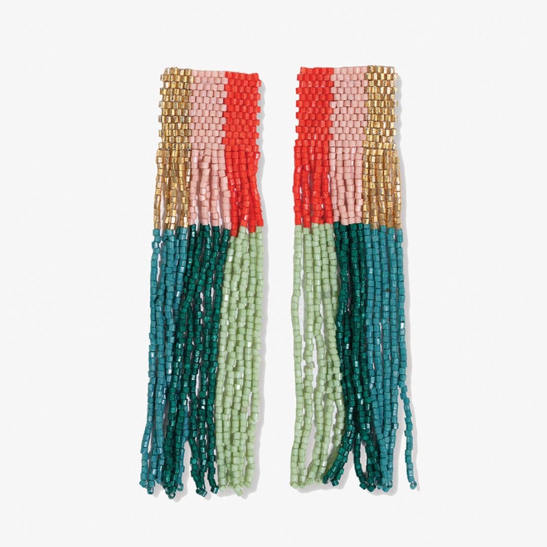 Belle Woven Top Vertical Colorblock Beaded Fringe Earrings Teal + Poppy Fringe Earrings