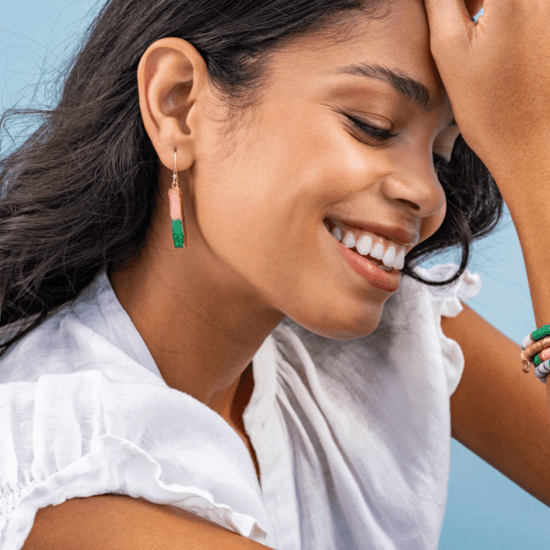 Bernadette Druzy Gradient Bar Drop Earrings Pink + Emerald Stud