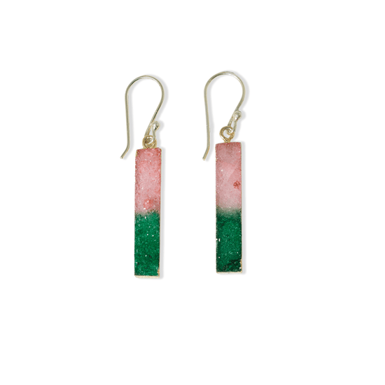 Bernadette Druzy Gradient Bar Drop Earrings Pink + Emerald Stud