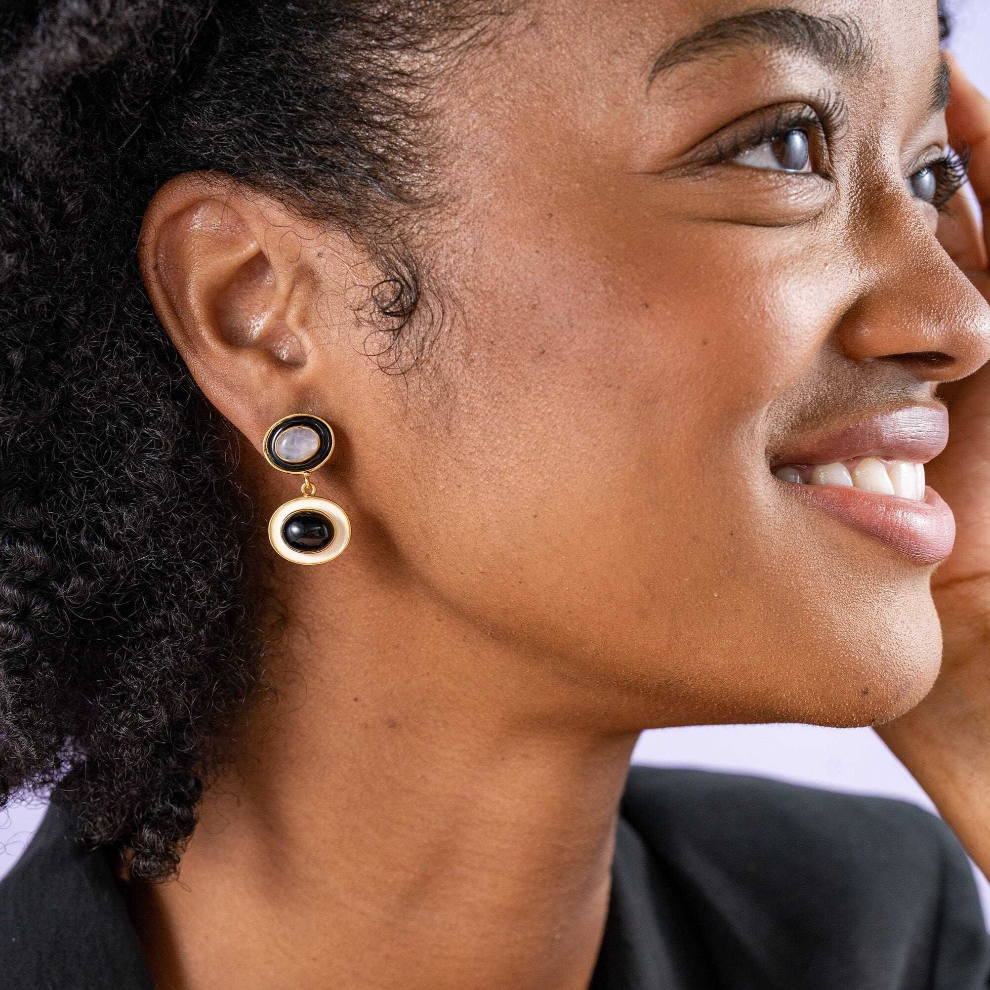 Betty Semi-Precious Mixed Stone And Enamel Drop Earrings Black/White Black/White DROP
