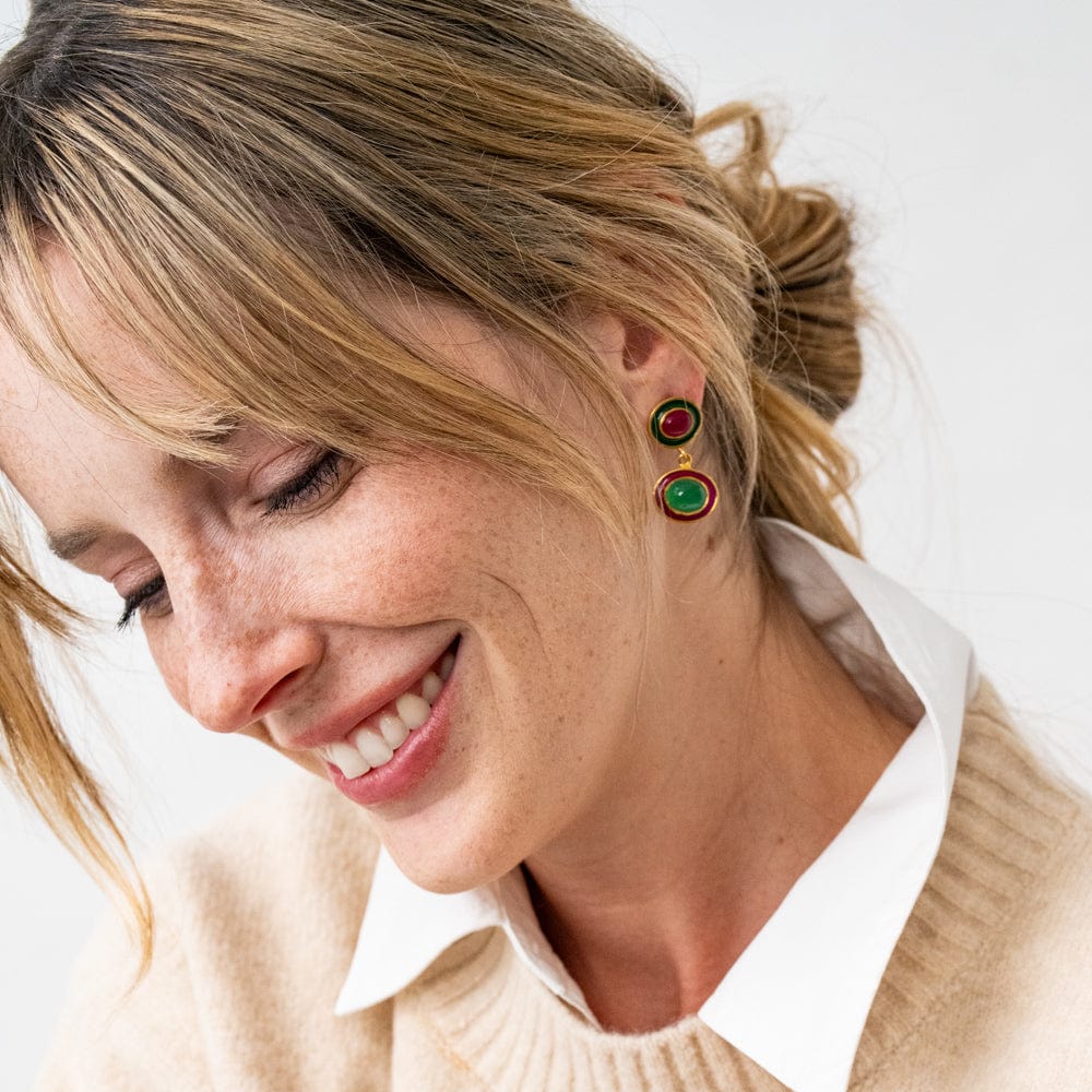 Betty Semi-Precious Mixed Stone And Enamel Drop Earrings Magenta + Green Drop