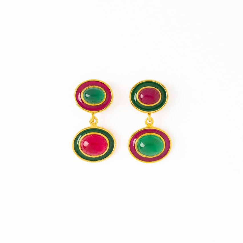 Betty Semi-Precious Mixed Stone And Enamel Drop Earrings Magenta + Green Drop