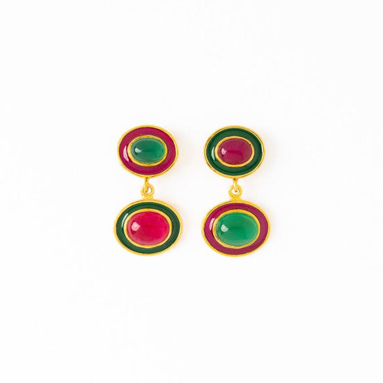 Betty Semi-Precious Mixed Stone And Enamel Drop Earrings Magenta + Green Drop