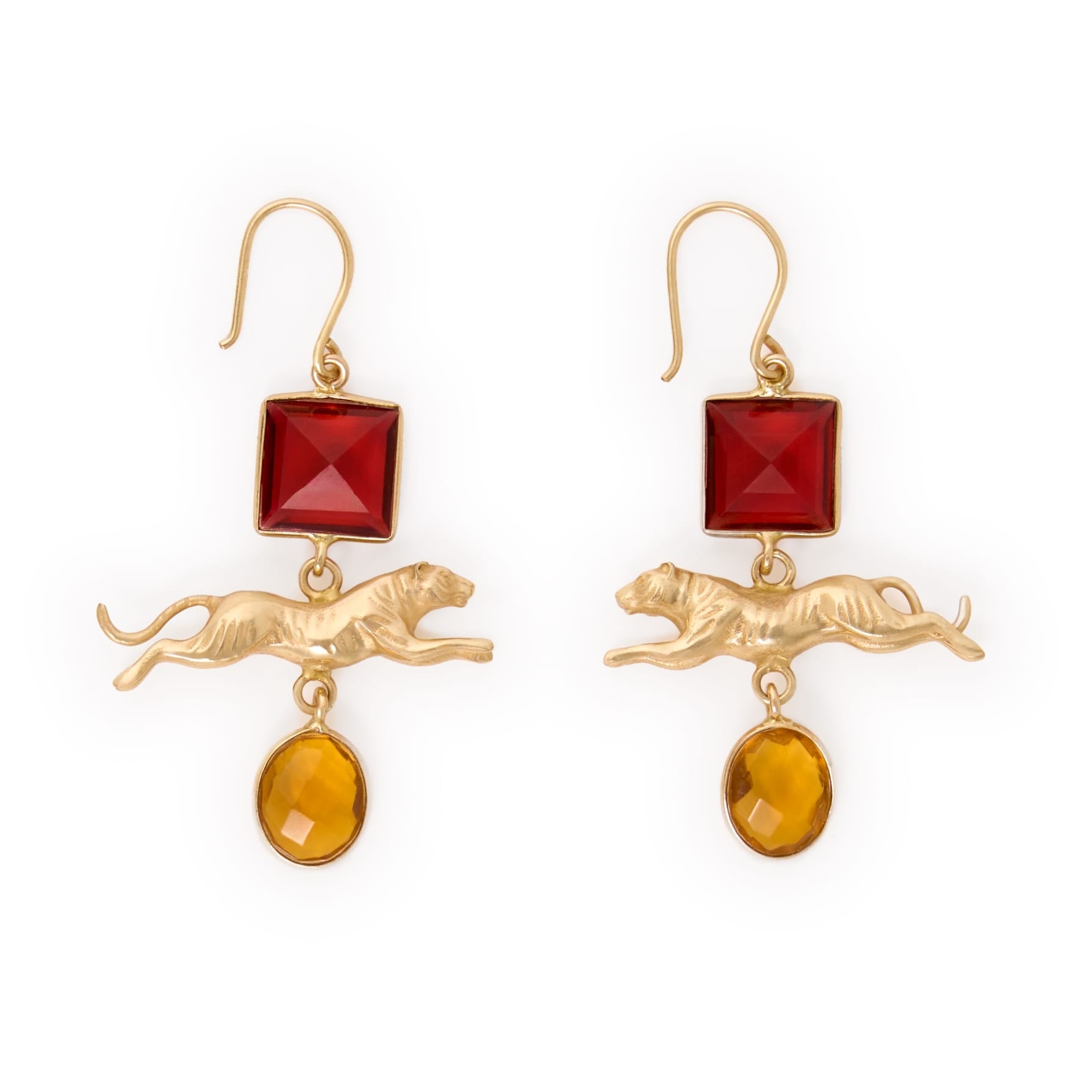 Bianca Tiger Pendant + Glass Stone Dangle Earrings Brass Dangle