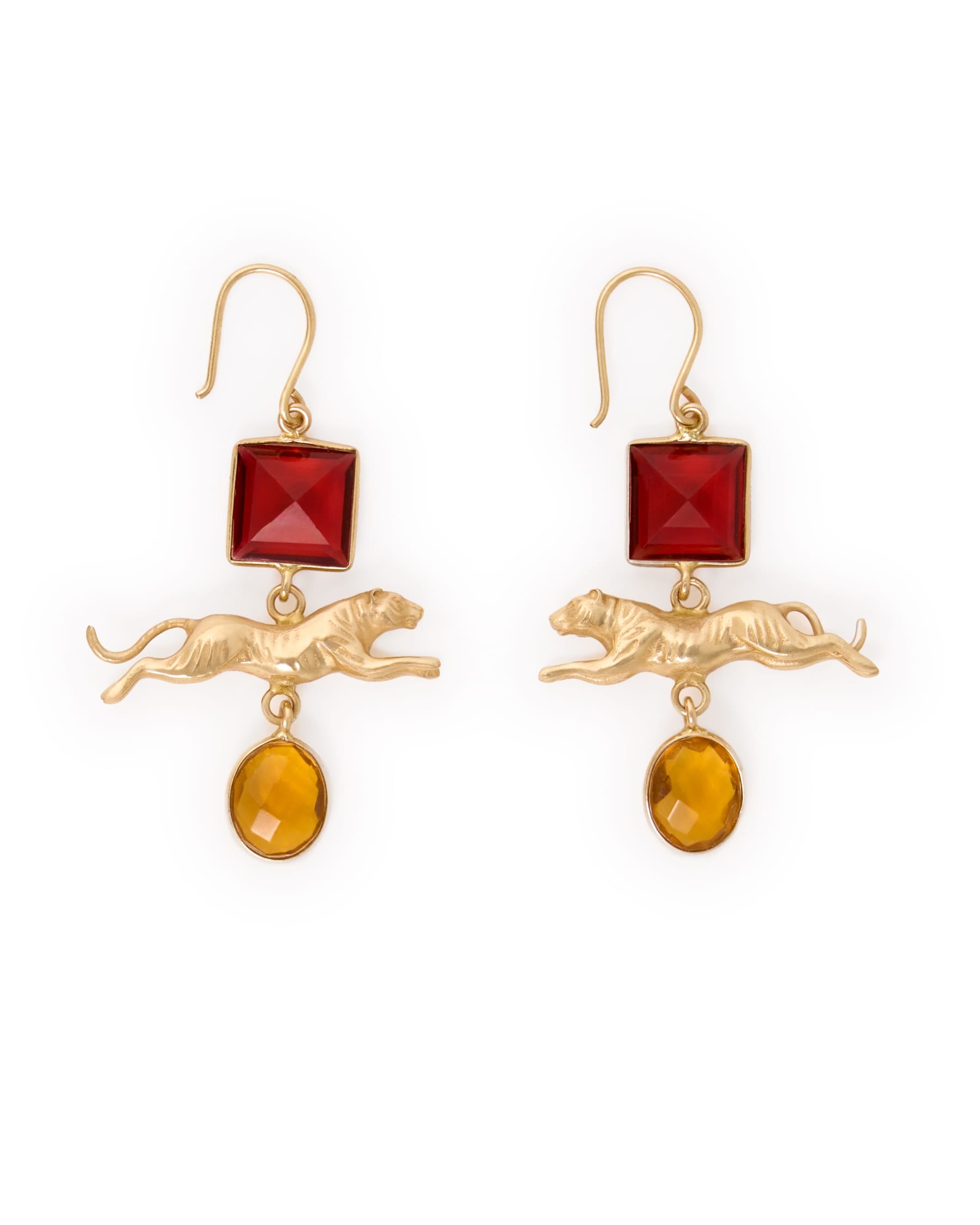Bianca Tiger Pendant + Glass Stone Dangle Earrings Brass Dangle