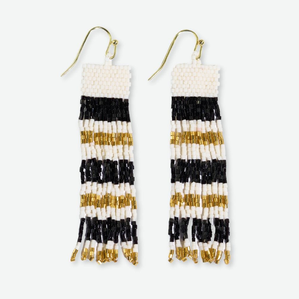 Billie Mixed Horizontal Stripes Beaded Fringe Earrings Black AND Gold Earrings