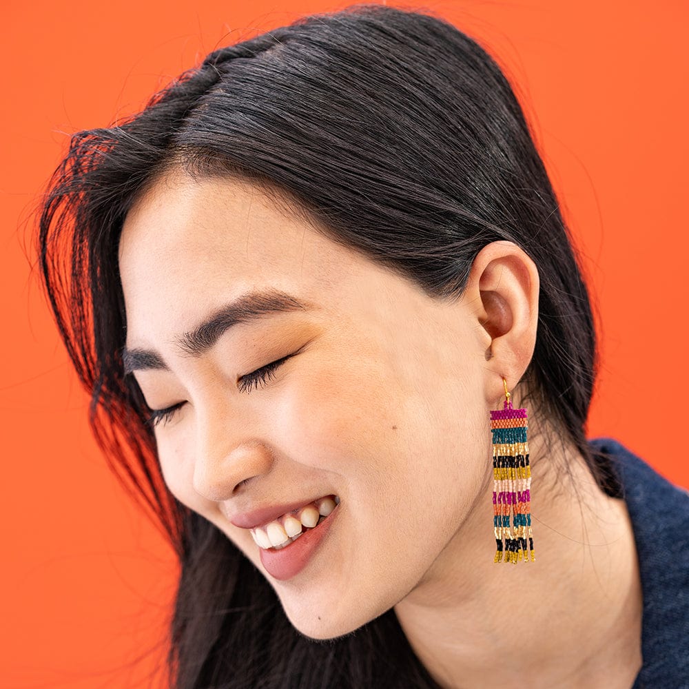 Billie Mixed Horizontal Stripes Beaded Fringe Earrings Jewel Tone Earrings