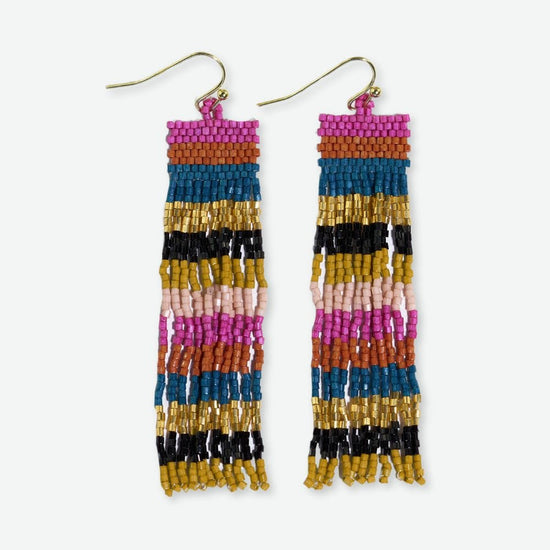 Billie Mixed Horizontal Stripes Beaded Fringe Earrings Jewel Tone Earrings