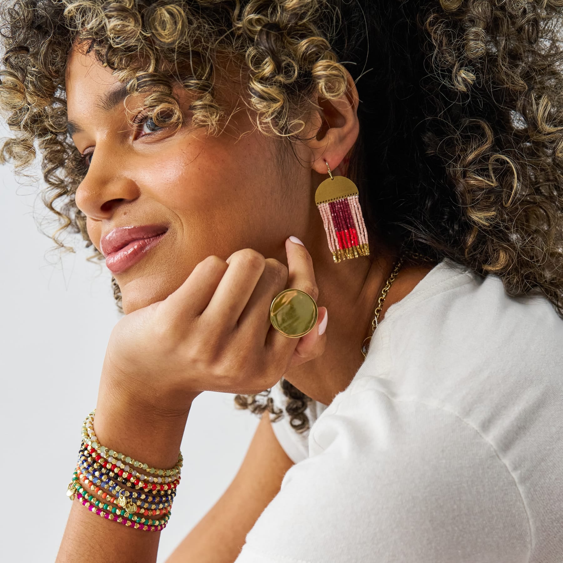 Birdie Geometric Beaded Fringe Earrings Dark Red, Red, Blush, + Gold Fringe