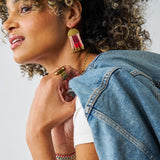 Birdie Geometric Beaded Fringe Earrings Dark Red, Red, Blush, + Gold Fringe