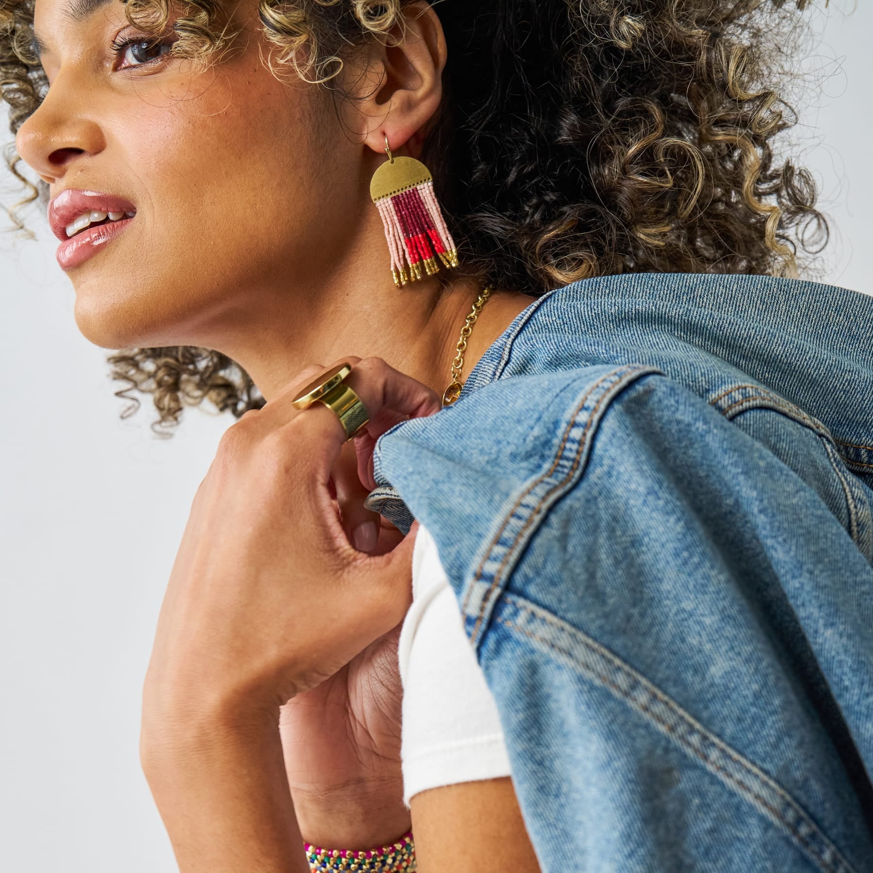 Birdie Geometric Beaded Fringe Earrings Dark Red, Red, Blush, + Gold Fringe