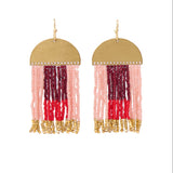 Birdie Geometric Beaded Fringe Earrings Dark Red, Red, Blush, + Gold Fringe