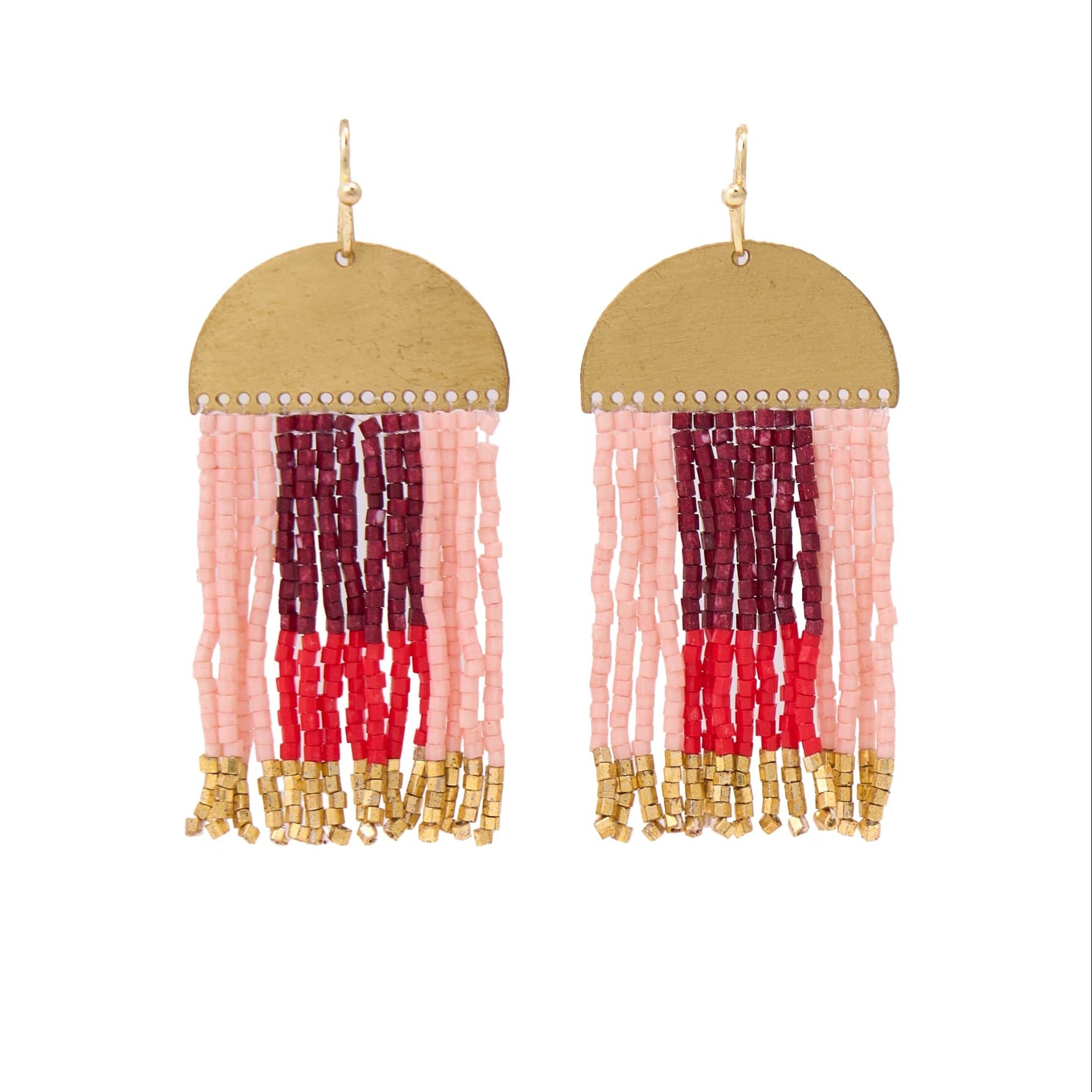 Birdie Geometric Beaded Fringe Earrings Dark Red, Red, Blush, + Gold Fringe