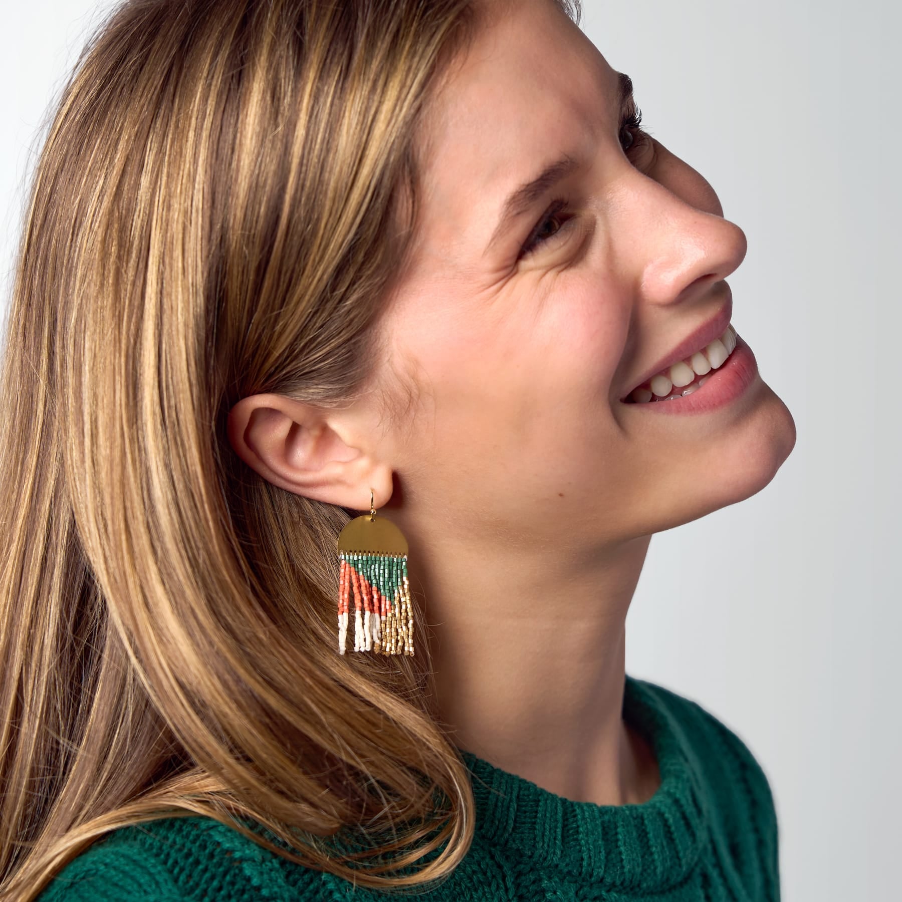 Birdie Geometric Beaded Fringe Earrings Emerald, Coral, Ivory, + Gold Fringe
