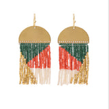 Birdie Geometric Beaded Fringe Earrings Emerald, Coral, Ivory, + Gold Fringe