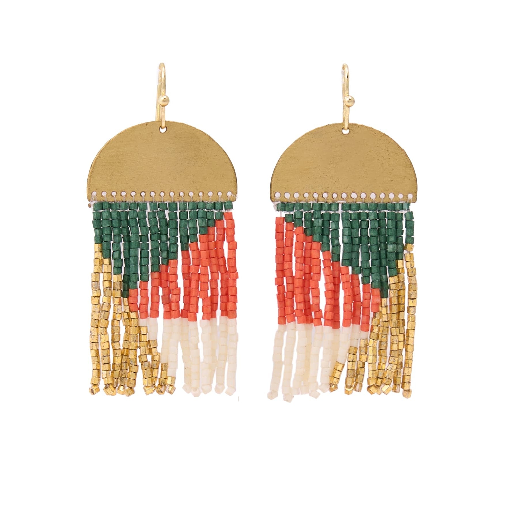 Birdie Geometric Beaded Fringe Earrings Emerald, Coral, Ivory, + Gold Fringe