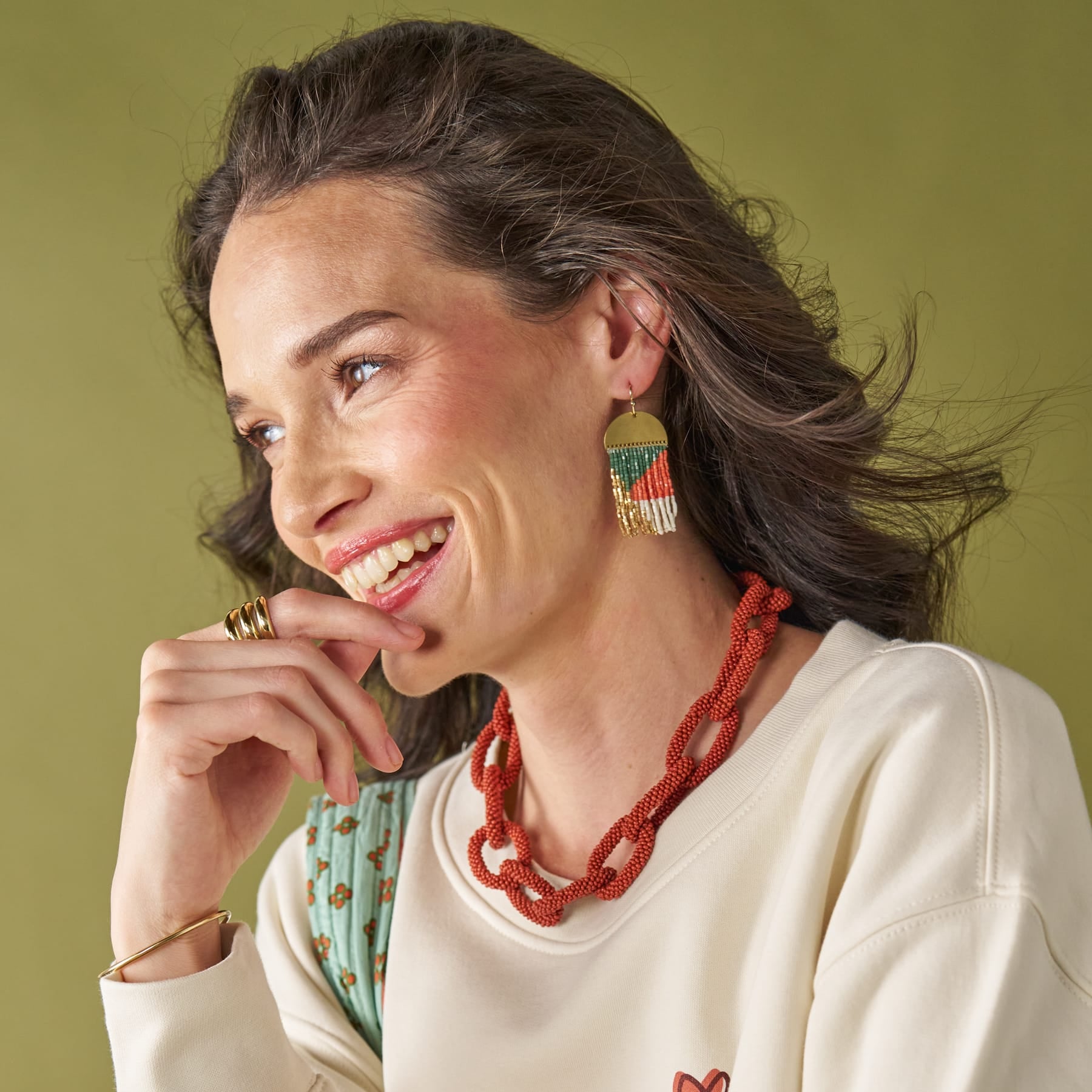 Birdie Geometric Beaded Fringe Earrings Emerald, Coral, Ivory, + Gold Fringe