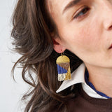 Birdie Geometric Beaded Fringe Earrings Navy, Brown, Ivory, + Gold Fringe
