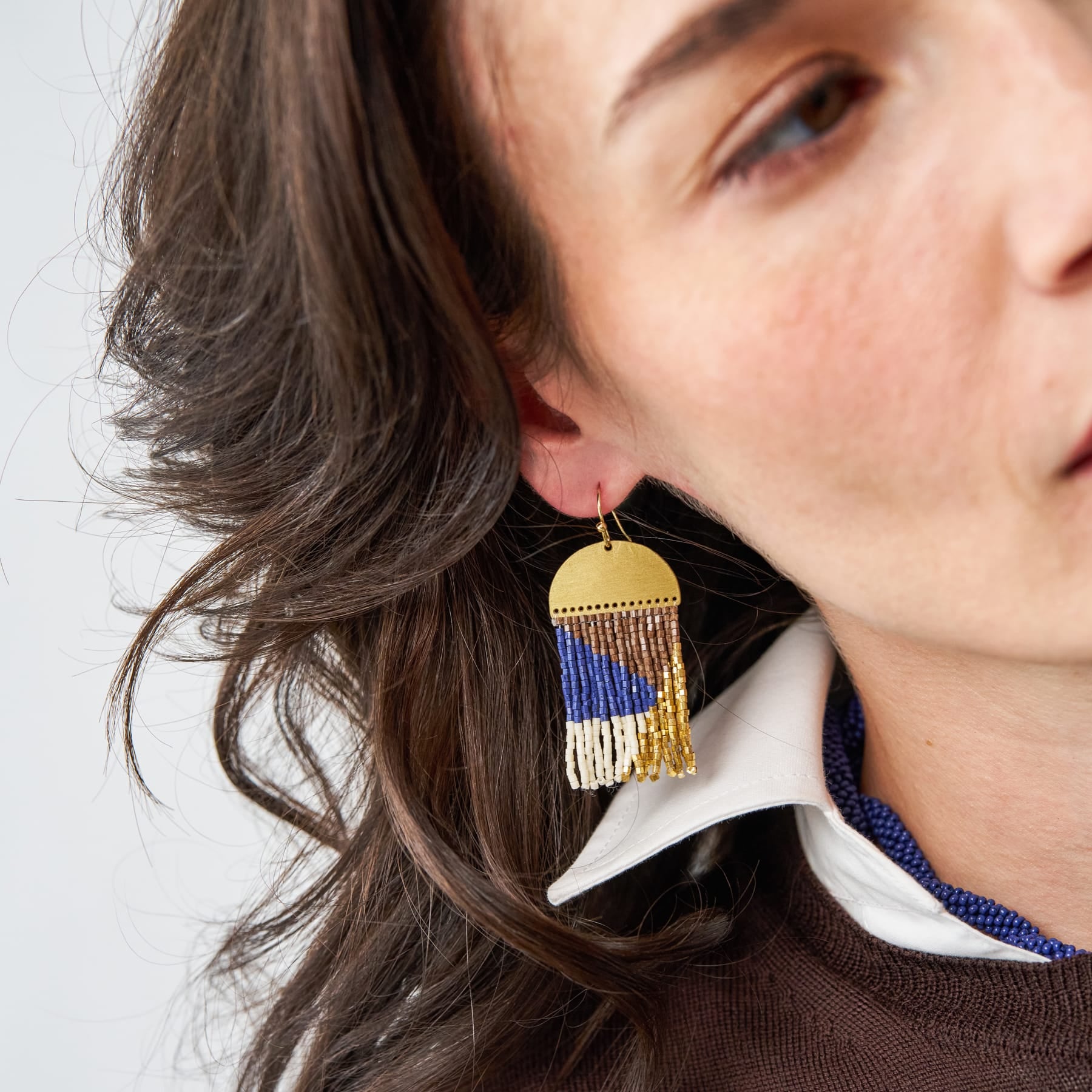 Birdie Geometric Beaded Fringe Earrings Navy, Brown, Ivory, + Gold Fringe