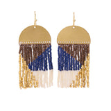 Birdie Geometric Beaded Fringe Earrings Navy, Brown, Ivory, + Gold Fringe