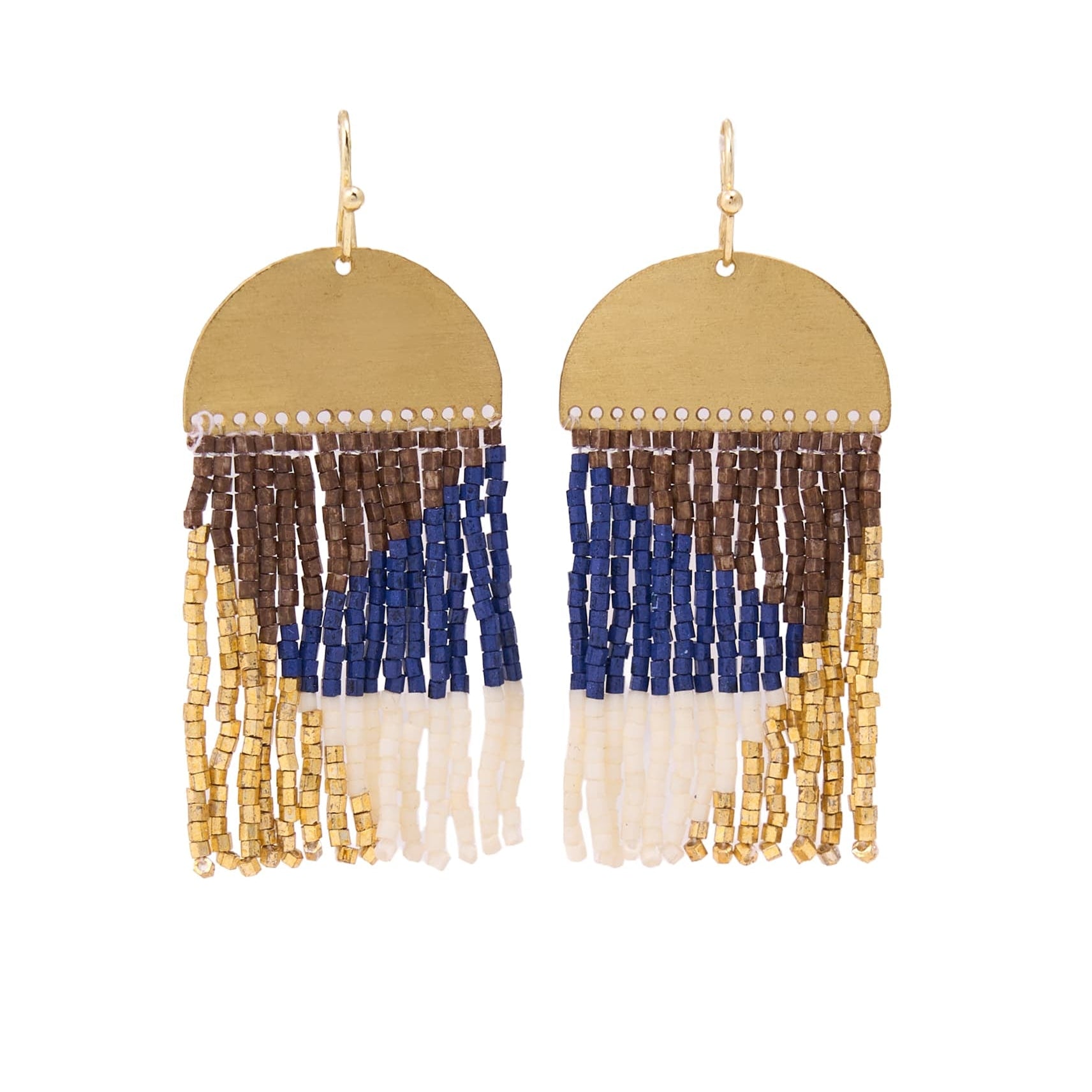 Birdie Geometric Beaded Fringe Earrings Navy, Brown, Ivory, + Gold Fringe