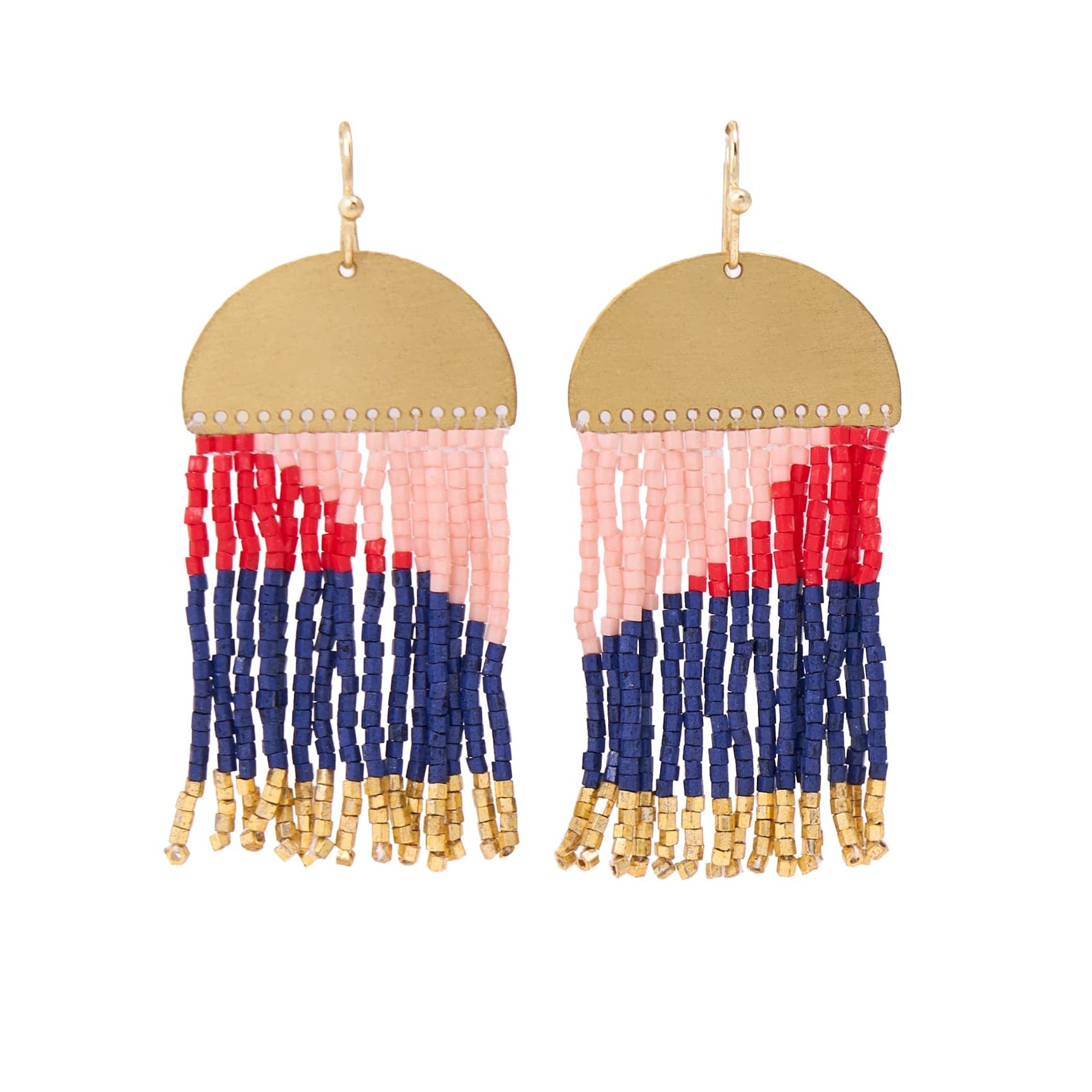Birdie Geometric Beaded Fringe Earrings Navy, Red, Blush, + Gold Fringe