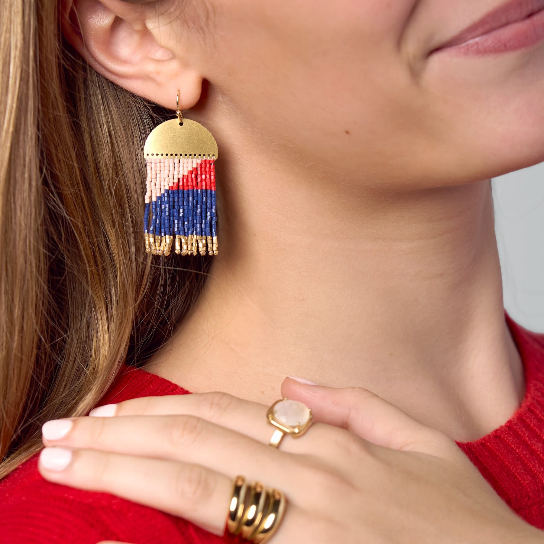 Birdie Geometric Beaded Fringe Earrings Navy, Red, Blush, + Gold Fringe