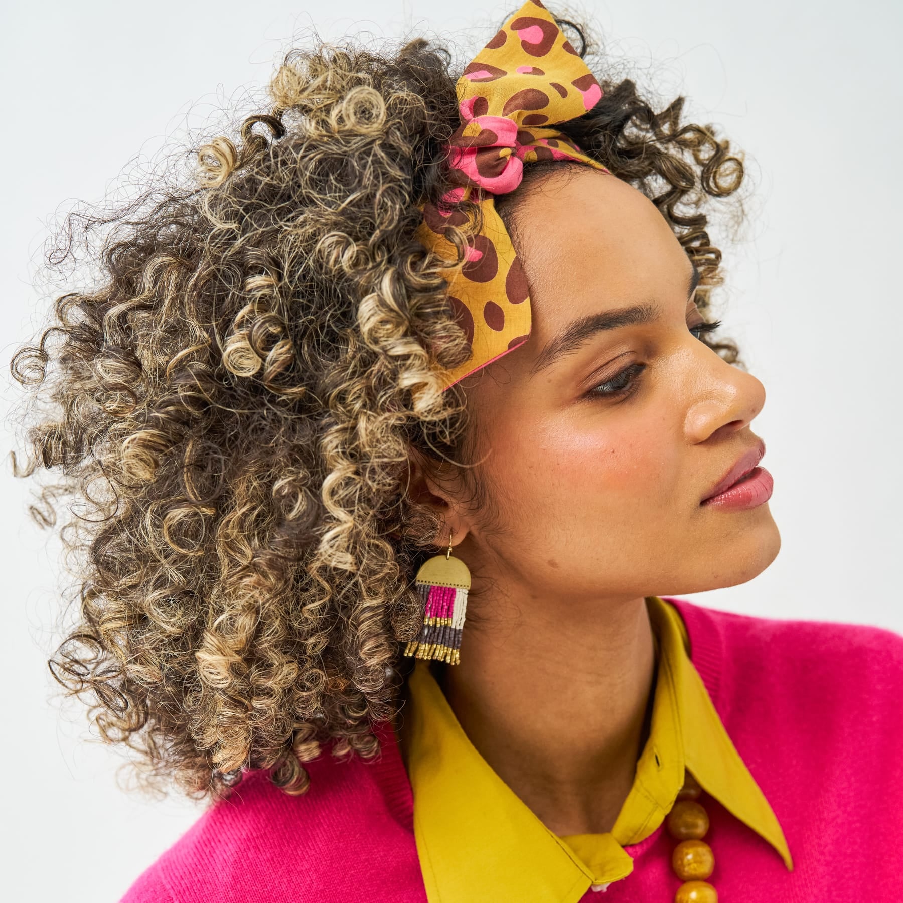 Birdie Geometric Beaded Fringe Earrings Pink, Brown, Ivory, + Gold Fringe