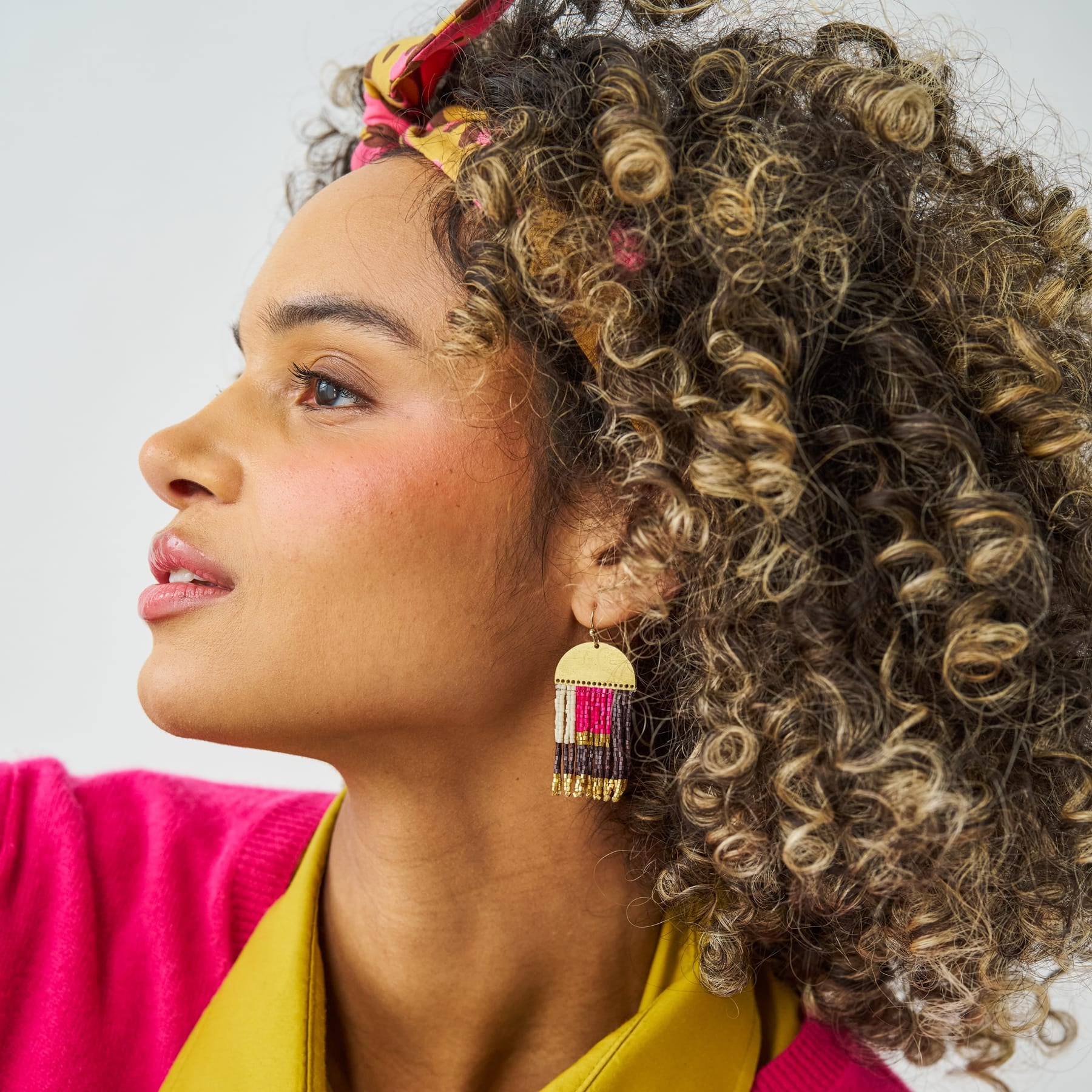 Birdie Geometric Beaded Fringe Earrings Pink, Brown, Ivory, + Gold Fringe