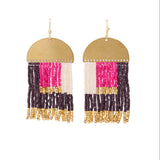 Birdie Geometric Beaded Fringe Earrings Pink, Brown, Ivory, + Gold Fringe