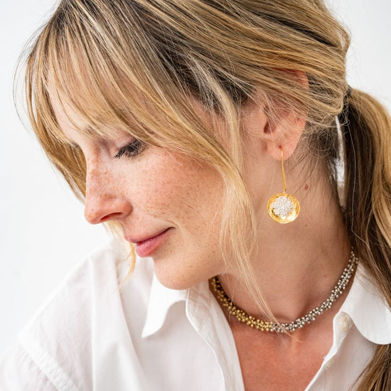 Bobbi Hammered Disc With Clusters Earrings 18k Gold + Silver Threader